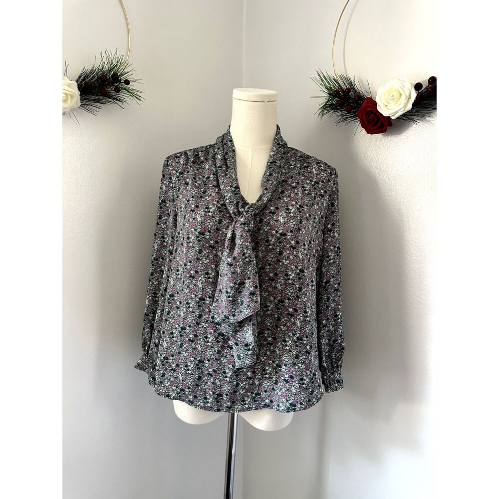 Banana Republic Pink & Green Floral Blouse Neck Tie Spring Top Small